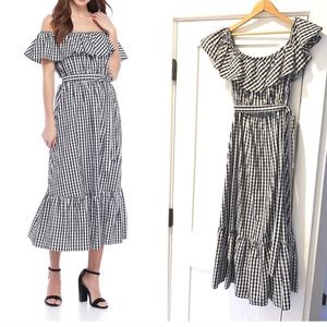 Black white gingham off the shoulder midi dress M medium